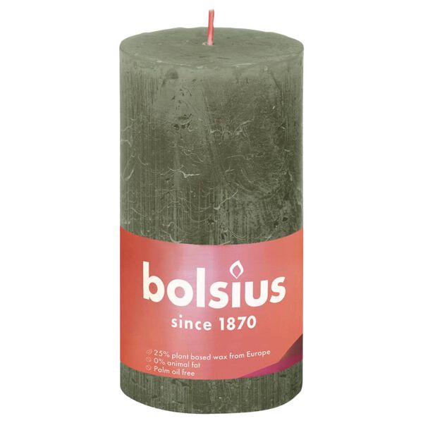 Bolsius Rustik&aacute;lne valcov&eacute; sviečky Shine 4 ks 130x68mm, svieža olivov&aacute;
