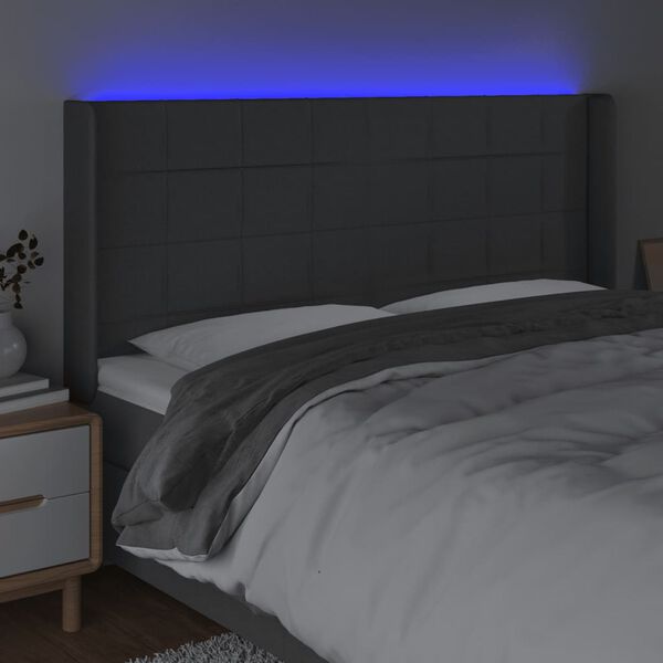 vidaXL Čelo postele s LED tmavosiv&eacute; 163x16x118/128 cm l&aacute;tka