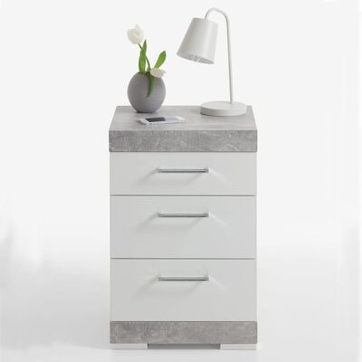 FMD Nočný stolík s 3 zásuvkami, bétonovo sivá a lesklá biela