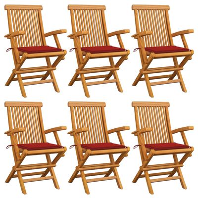 vidaXL Záhradné stoličky, červené podložky 6 ks, tíkový masív