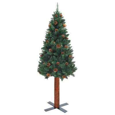 vidaXL Úzky osvetlený vianočný stromček pravé drevo+šišky zelený 210cm