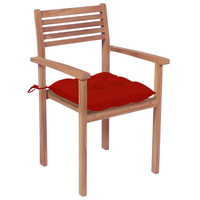 vidaXL Záhradné stoličky 4 ks červené podložky teakový masív