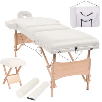 vidaXL Skladací masážny stôl, 3 zóny+stolička, 10 cm hrubá, biela