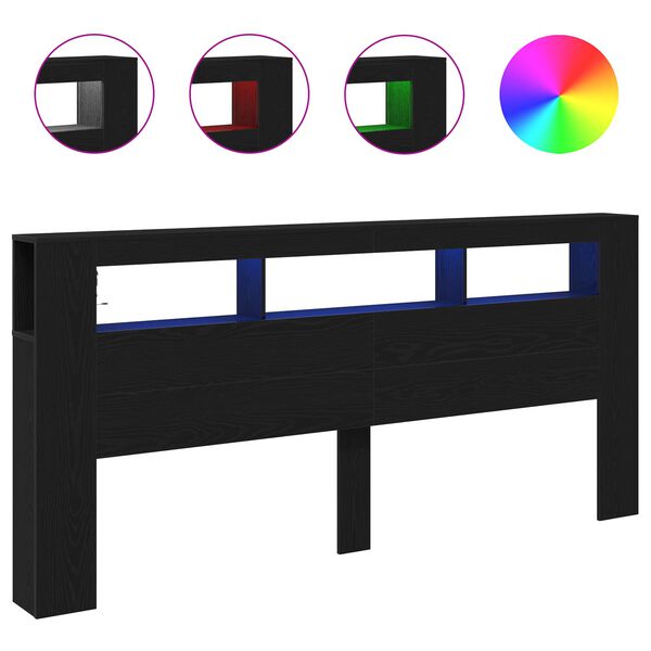 vidaXL LED hlavov&aacute; doska s poličkou Čierny dub 220 x 18,5 x 103,5 cm