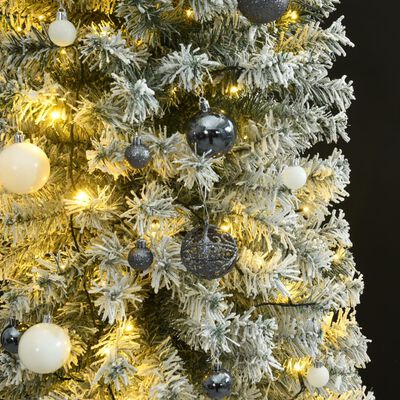 vidaXL Úzky vianočný stromček 300 LED, zasnežený s guľami 270 cm
