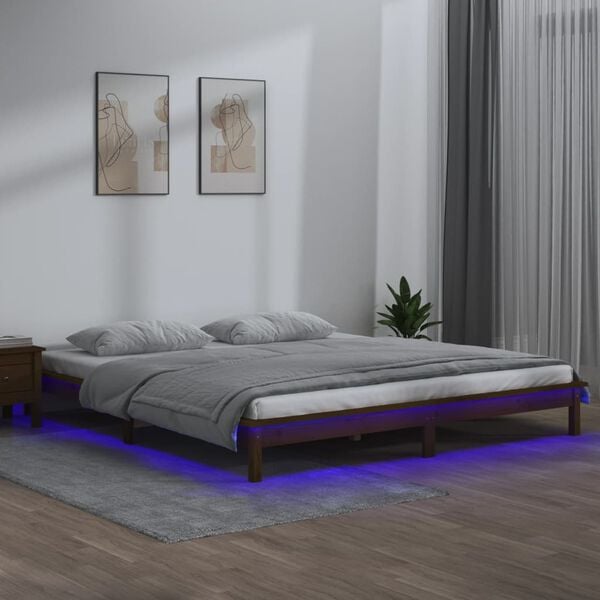 vidaXL Posteľn&yacute; r&aacute;m s LED medov&yacute; 140x190 cm mas&iacute;vne drevo