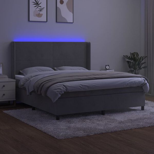 vidaXL Posteľ boxsping s matracom a LED bledosiv&aacute; 180x200 cm zamat