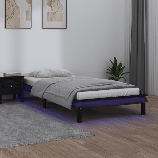 vidaXL Posteľný rám LED čierny 75x190cm malé jednolôžko masívne drevo