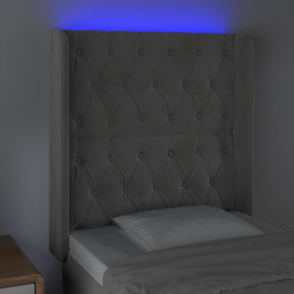vidaXL Čelo postele s LED bledosiv&eacute; 83x16x118/128 cm zamat