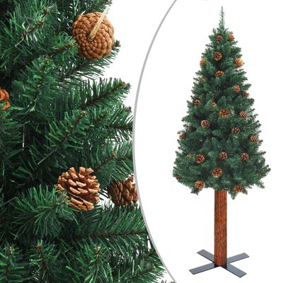 vidaXL Úzky vianočný stromček, pravé drevo a šišky, zelený 150 cm, PVC