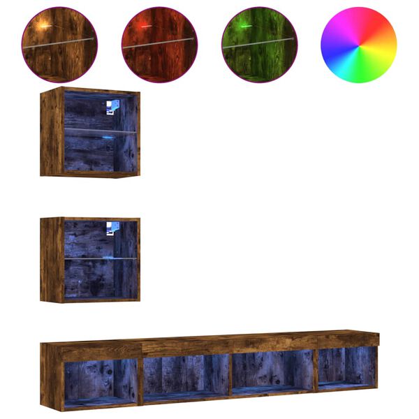 vidaXL 5-dielne TV n&aacute;stenn&eacute; skrinky s LED dymov&yacute; dub kompozitn&eacute; drevo