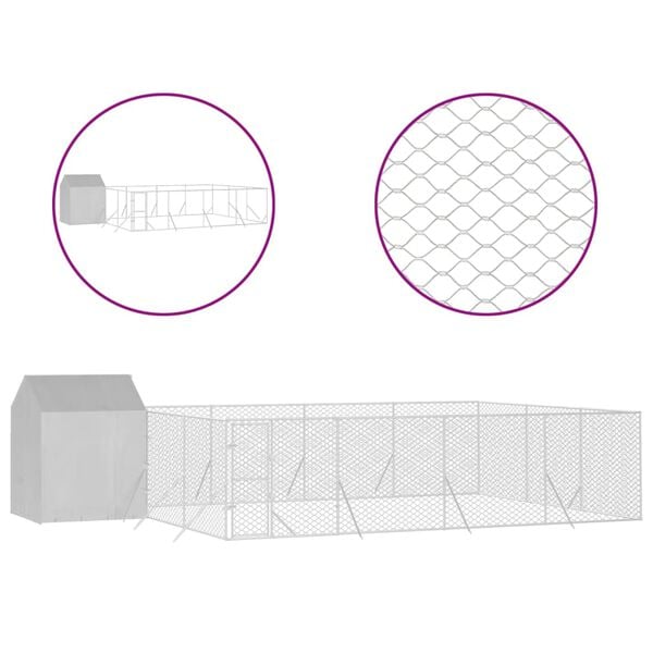 vidaXL Vonkajší koterec pre psov so strechou strieborný 10x6x2,5m oceľ