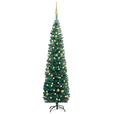 vidaXL Úzky osvetlený umelý vianočný stromček s guľami, zelený 180 cm