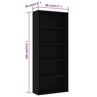 vidaXL Knižnica, 5 políc, čierna 80x30x189 cm, kompozitné drevo