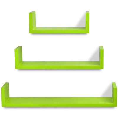 3 zelené nástenné police v tvare U na knihy/DVD, MDF