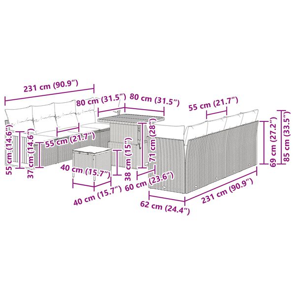 vidaXL S&uacute;prava z&aacute;hradn&yacute;ch pohoviek s vank&uacute;&scaron;om 12 pcs Čierna polyratan
