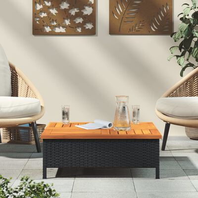 vidaXL Záhradný stôl čierny 70x70x25 cm ratan a akáciový masív