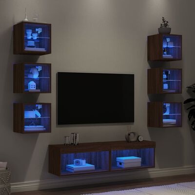vidaXL 8-dielne TV nástenné skrinky s LED hnedý dub kompozitné drevo