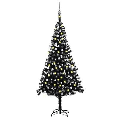 vidaXL Osvetlený umelý vianočný stromček s guľami, čierny 240 cm, PVC