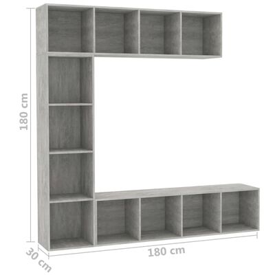 vidaXL 3-dielna knižnica/TV skrinka betónovo-sivá 180x30x180 cm