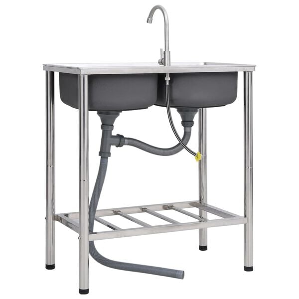 vidaXL Kempingový drez s dvomi umývadlami s kohútikom nehrdzavejúca oceľ