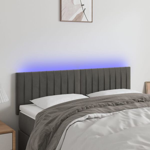 vidaXL Čelo postele s LED tmavosiv&eacute; 144x5x78/88 cm zamat