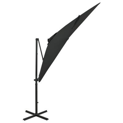 vidaXL Závesný slnečník s tyčou a LED svetlami čierny 250 cm