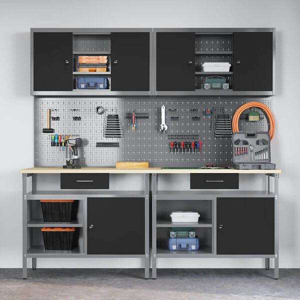 vidaXL Sada pracovn&eacute;ho stola so z&aacute;suvkou s poličkou Čierna Oceľ