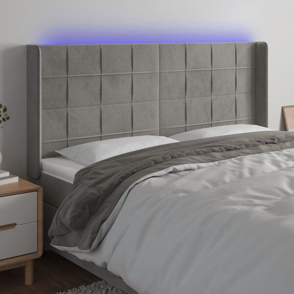 vidaXL Čelo postele s LED bledosiv&eacute; 203x16x118/128 cm zamat