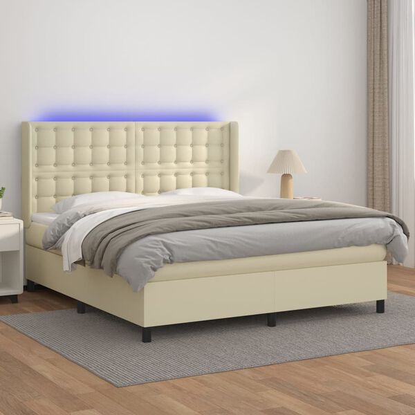 vidaXL Boxspring posteľ s matracom a LED kr&eacute;mov&aacute; 180x200 cm umel&aacute; koža