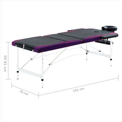 vidaXL Skladací masážny stôl, 3 zóny, hliník, čierno fialový