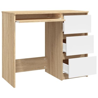 vidaXL Písací stôl, biela a dub sonoma 90x45x76 cm, drevotrieska