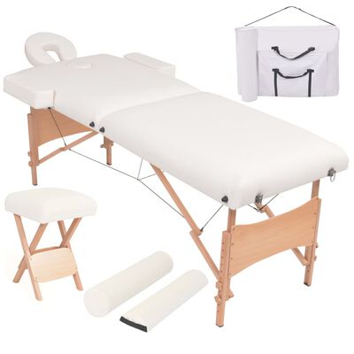 vidaXL Skladací masážny stôl, 2 zóny+stolička, 10 cm hrubá, biela