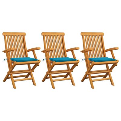 vidaXL Záhradné stoličky, modré podložky 3 ks, tíkový masív