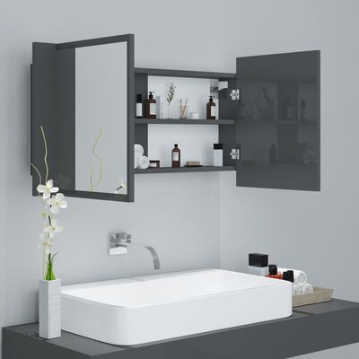vidaXL LED kúpeľňová zrkadlová skrinka lesklá sivá 90x12x45 cm akryl