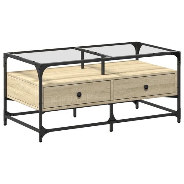 vidaXL Konferenčný stolík sklenená doska dub sonoma 98,5x50x45 cm oceľ