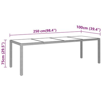 vidaXL Záhradný stôl 250x100x75 cm tvrdené sklo a polyratan sivý
