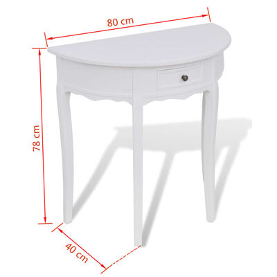 vidaXL Konzolový stolík so zásuvkou v tvare polkruhu, biely