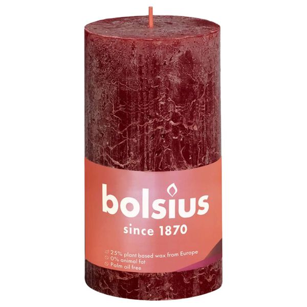 Bolsius Rustik&aacute;lne valcov&eacute; sviečky Shine 4ks 130x68mm,zamatovo červen&eacute;