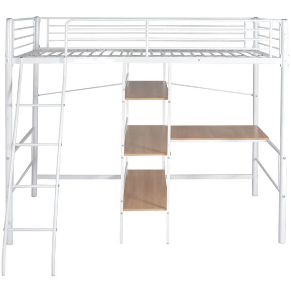 vidaXL Vysok&aacute; posteľ s p&iacute;sac&iacute;m stolom, biela a hned&aacute;, kov 90x200 cm