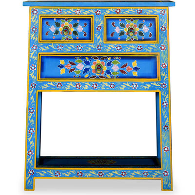 vidaXL Prístavný stolík z mangovníkového dreva so zásuvkami, tyrkysový, ručne maľovaný