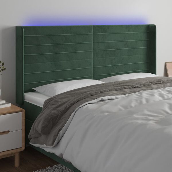 vidaXL Čelo postele s LED tmavozelen&eacute; 203x16x118/128 cm zamat