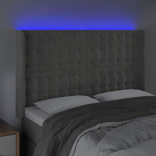 vidaXL Čelo postele s LED bledosiv&eacute; 147x16x118/128 cm zamat