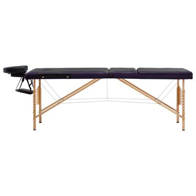 vidaXL Skladací masážny stôl, 3 zóny, drevo, čierno fialový