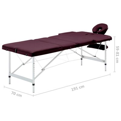 vidaXL Skladací masážny stôl, 3 zóny, hliník, vínovo fialový