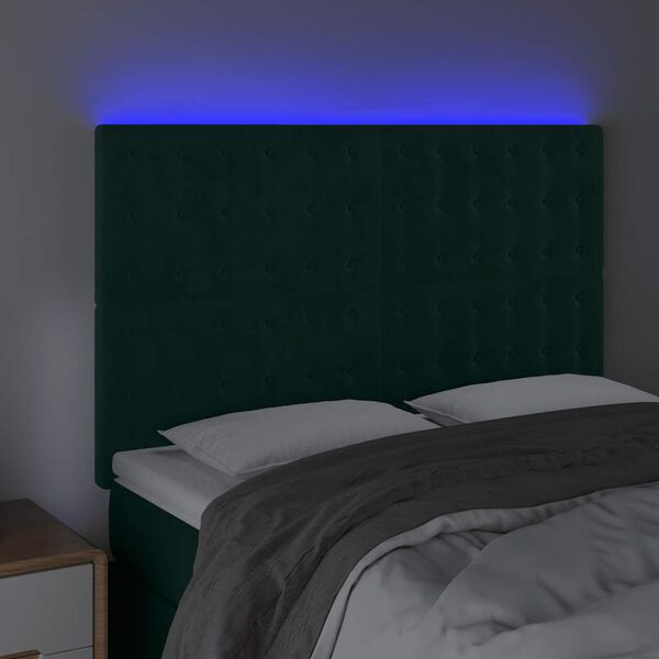 vidaXL Čelo postele s LED tmavozelen&eacute; 144x5x118/128 cm zamat