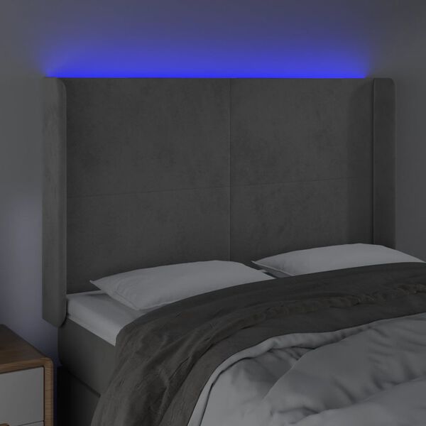 vidaXL Čelo postele s LED bledosiv&eacute; 147x16x118/128 cm zamat
