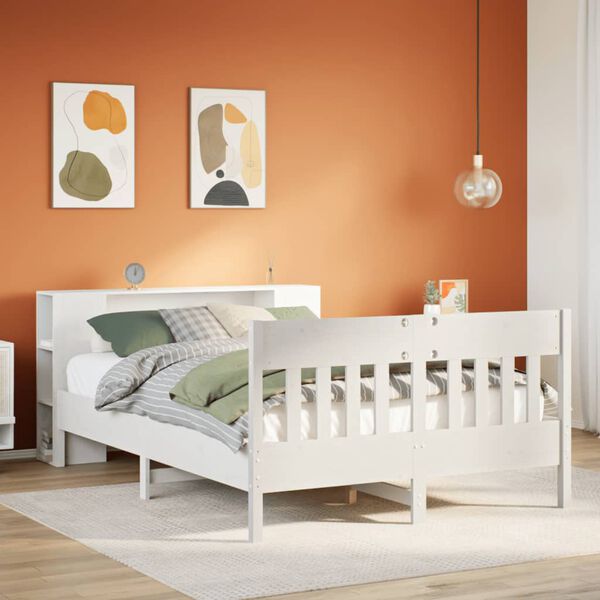 vidaXL Posteľ s knižnicou bez matraca biela 160x200cm borovicový masív