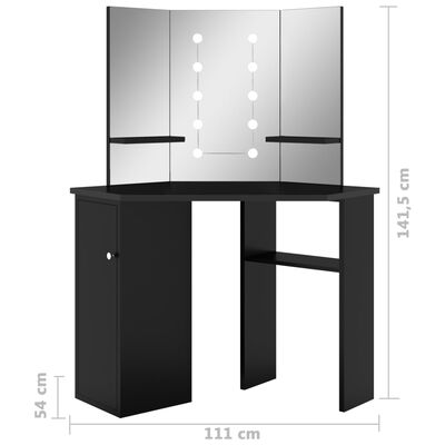 vidaXL Rohový toaletný stolík s LED čierny 111x54x141,5 cm