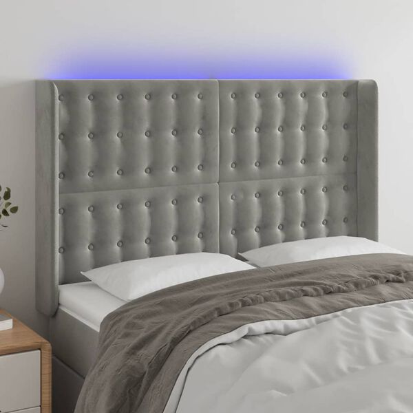 vidaXL Čelo postele s LED bledosiv&eacute; 147x16x118/128 cm zamat